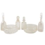 Pair of cut-glass mallet shaped decanters, spirit decanters, and fruit bowls