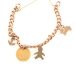 A rose metal hollow curb link bracelet with charms and a drilled Half Sovereign, plus a cross.