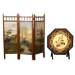 A stained wood three-fold fire screen, painted panels of landscape scenes; and an octagonal screen