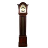A modern German stained wood longcase clock, arched brass dial, three-chain movement, 196cm.