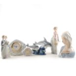 Four Lladro figures and two Lladro clocks