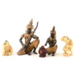 Two cast metal and gilt painted figures of Thai musicians and other figurines