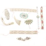 A collection of Art Deco paste set jewellery, panel bracelets, clips and brooches.