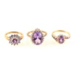 Three amethyst dress rings all set in 9 carat yellow and white gold.
