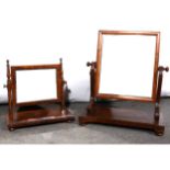A Victorian mahogany toilet mirror, rectangular plate, scrolled supports, platform base, width 47cm;