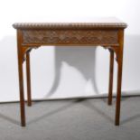 A mahogany card table, rectangular foldover top, with a gadrooned edge, tooled leather interior,
