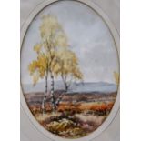 H Hadfield Cubley, silver birches in a landscape, oval, 25cm x 18cm