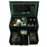 A green velvet jewel box with silver and costume jewellery, freshwater pearls.