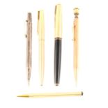 Five pens/pencils, a 9 carat gold Yard-o-Led pencil,