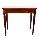 A reproduction hardwood tea table, D-shape fold-over top, turned and ringed legs, width 90cm.