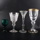 Four wine/cordial glasses, a partially etched Jacobean style cordial glass.