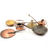 A Haws copper watering can with rose and other assorted brass and copper wares
