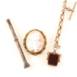 A yellow metal single albert watch chain, cameo brooch and propelling pencil.