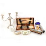 A box of sundries, silver-plated candelabra, cased fish set, ceramics, two Hornby Dublo coaches etc