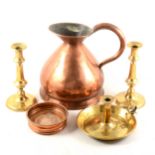 Pair of Victorian brass candlesticks, brass chamberstick, and other metalware