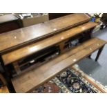 An oak bench, two plank top, square tapering legs, length 153cm, height 47cm; an oak altar rail,