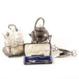 A quantity of electroplated wares, to include a spirit kettle, seven piece cruet set, candle