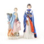 Two Royal Doulton figures of the Queen and Queen Mother, a Sadler-style three-piece teaset, etc