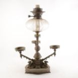 A Victorian plated oil lamp epergne centrepiece