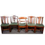 A near set of six oak and elm country made dining chairs, 19th Century, vase-shaped splats, dished