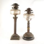 Two Victorian brass oil lamp bases, one with Corinthian column stem