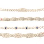 A Trifari paste set bracelet marked, another bracelet set with blue and clear stones, two other