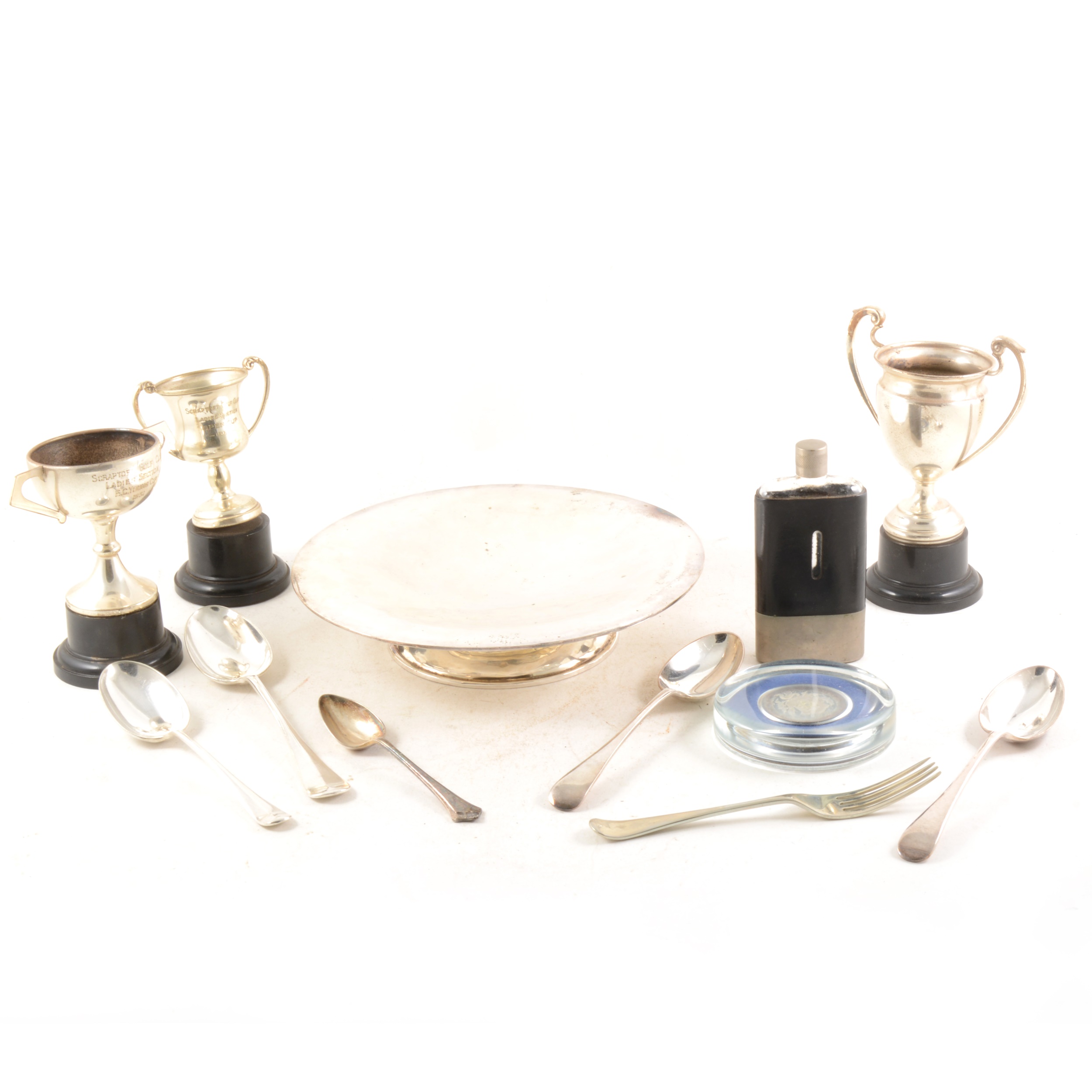 A quantity of silver-plated cutlery, golf trophy cups etc.
