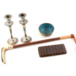 Champleve candlesticks, cloisonne bowl, hunting whip and thong, and Asprey cigarette wallet.