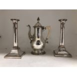 An Old Sheffield Plate pear-shape coffee pot, a pair of Old Sheffield plate candlesticks, and a mug