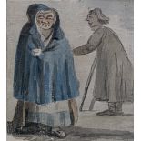 John Nixon, A sinister old woman in a blue cloak, watercolour, 5cm, x 8cm.<