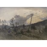 Henri Joseph Harpignies, Landscape with birds on telegraph wires, signed an