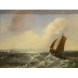 John Marsh, Fishing smack off the coast, signed, oil on board, 46cm x 58cm.