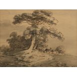 Thomas Monro, Landscape with a distant cottage, Save brown chalk and grey w