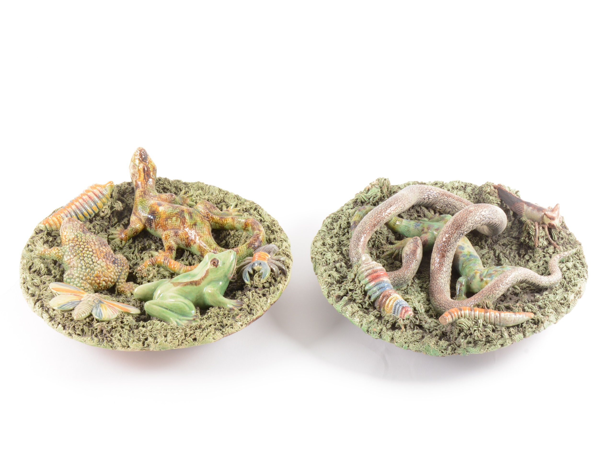 A pair of Portuguese Palissy type lead-glazed earthenware bowls, Jose Alves Cunha