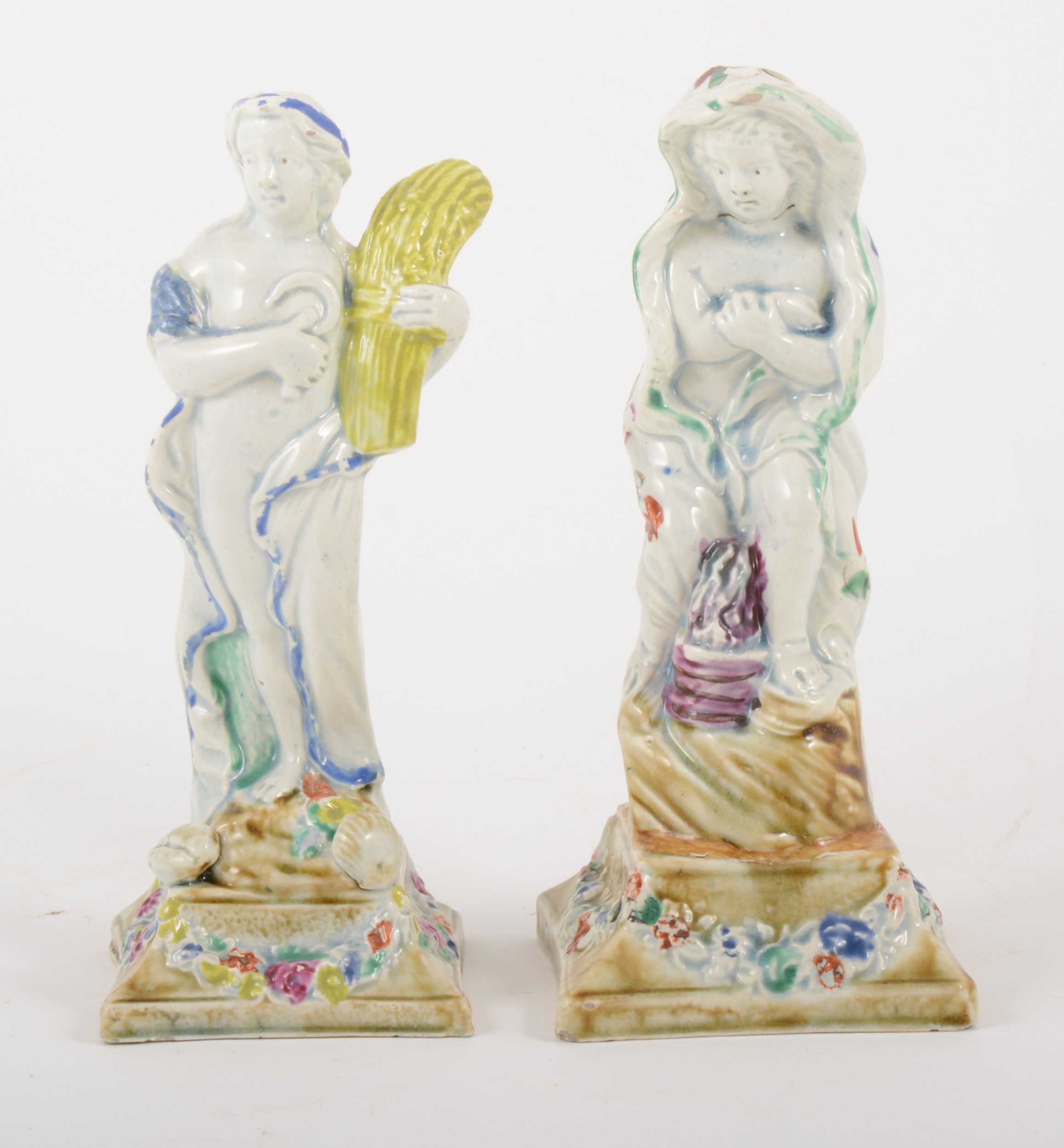 Two pearlware figures, emblematic of Autumn and Winter, late 18th century