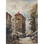 T W Morley, Morning Market, Arquata Scrivia, signed, watercolour, 57cm x 25