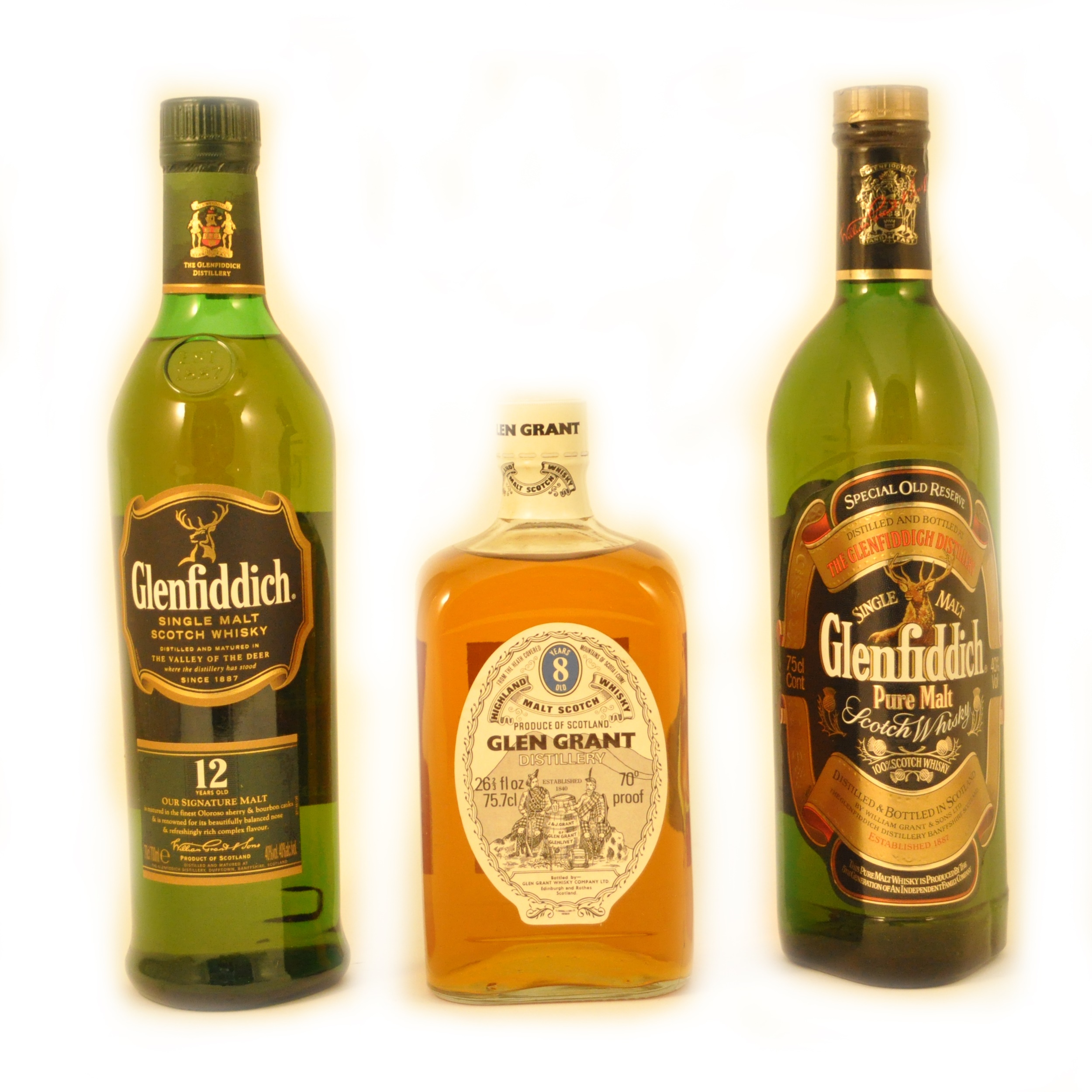 Glenfiddich Special Old Reserve Pure Malt Whisky, and 12 years old single malt; and Glen Grant 8