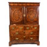 A Queen Anne laburnum and walnut cabinet, in part early 18th Century