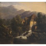 Thomas Lound, A Welsh Mill landscape depicting a mill and race with fells t