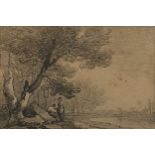 Henry William Burgess, Figures by a river, pencil drawing, 11.5cm x 15.5cm.