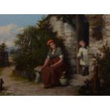 William Bromley, Mother and child outside a cottage door, oil on relined ca