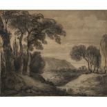 Thomas Monro, Landscape towards a distant escarpment, black chalk and grey