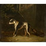 Attributed to Edward Bristow, Staffordshire terrier in a yard, signed, oil