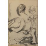 Ana Bron, Woman with children, signed in pencil, en grisaille drawing with