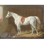 Thomas Temple, Saddled horse in a stable, signed and dated 1869, oil on rel