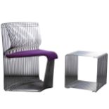 A 'Pantonova' wire-framed chair and a similar cube sidetable, designed by Verner Panton