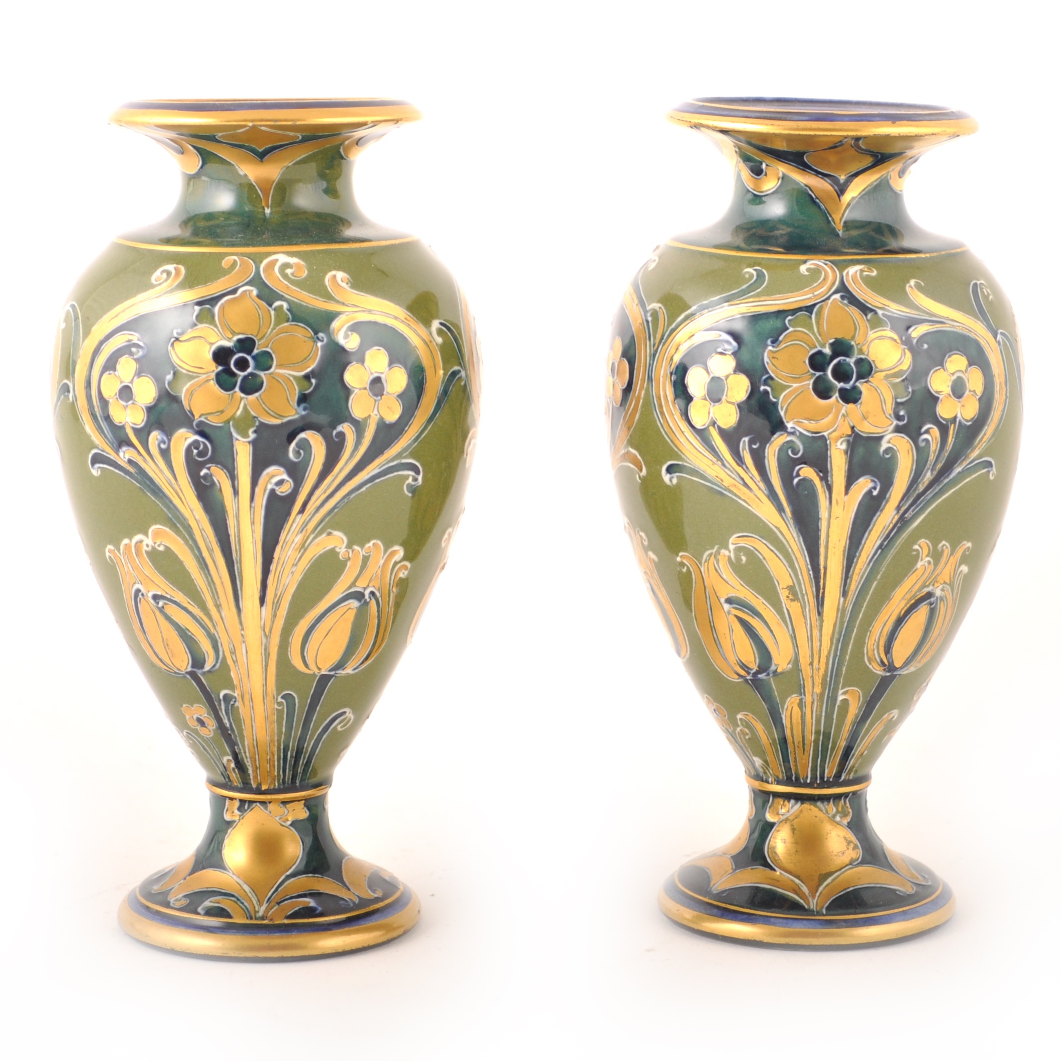 William Moorcroft for James Macintyre, a pair of 'Green and Gold' Florian Ware vases
