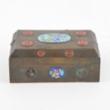 Chinese bronze cigarette box 15.5cm x 10cm, decorated with enamel panels and discs.