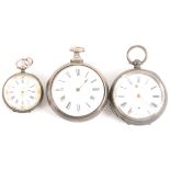 A silver pair case pocket watch, open face pocket watch and fob watch.
