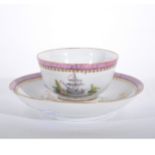 A tea bowl and saucer, painted ship and monogram, pink border, red anchor mark to base of both.